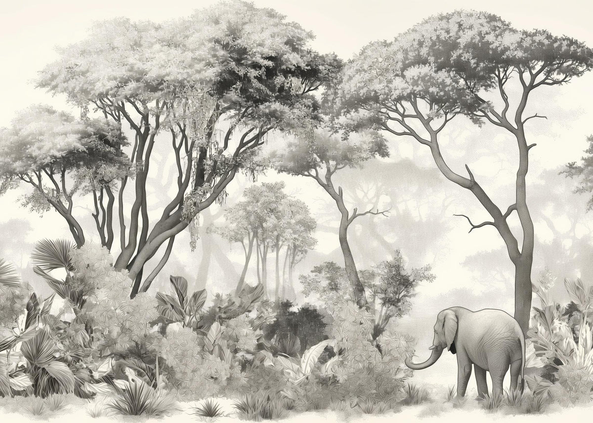 Papier peint éléphant forêt noir et blanc