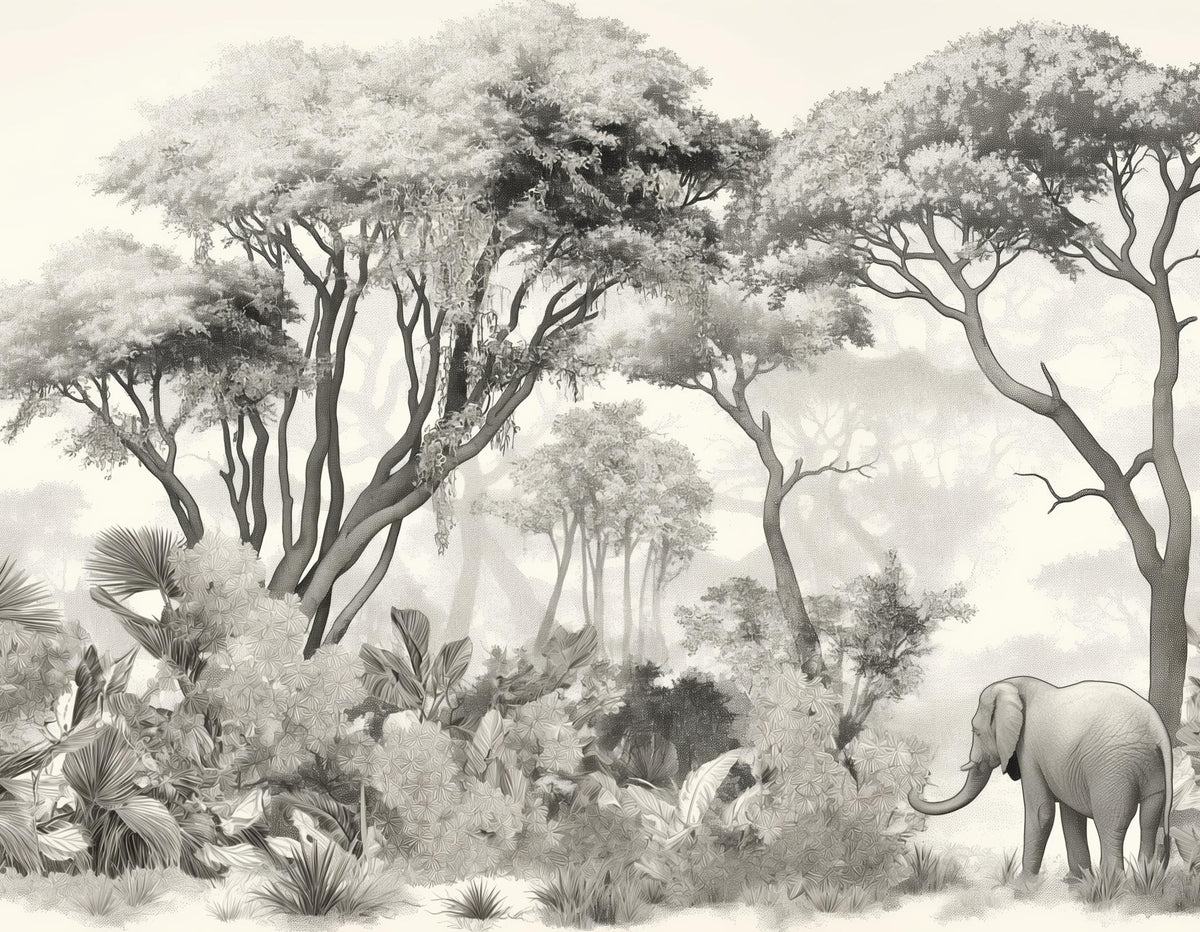 Papier peint éléphant forêt noir et blanc