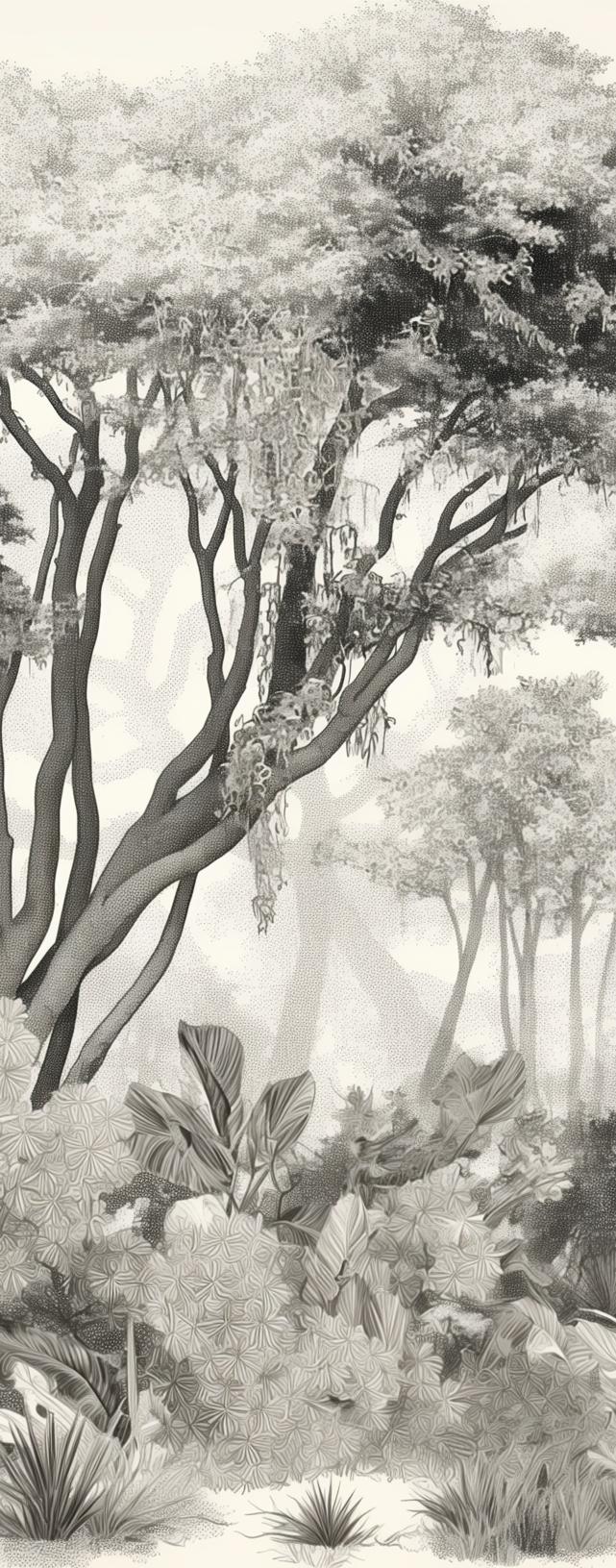 Papier peint éléphant forêt noir et blanc
