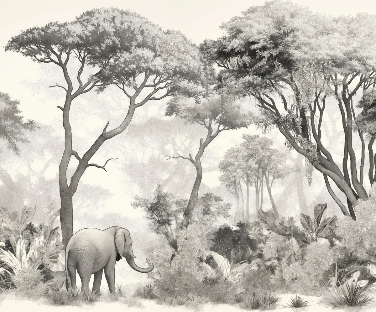 Papier peint éléphant forêt noir et blanc