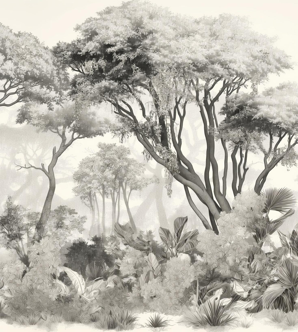 Papier peint éléphant forêt noir et blanc