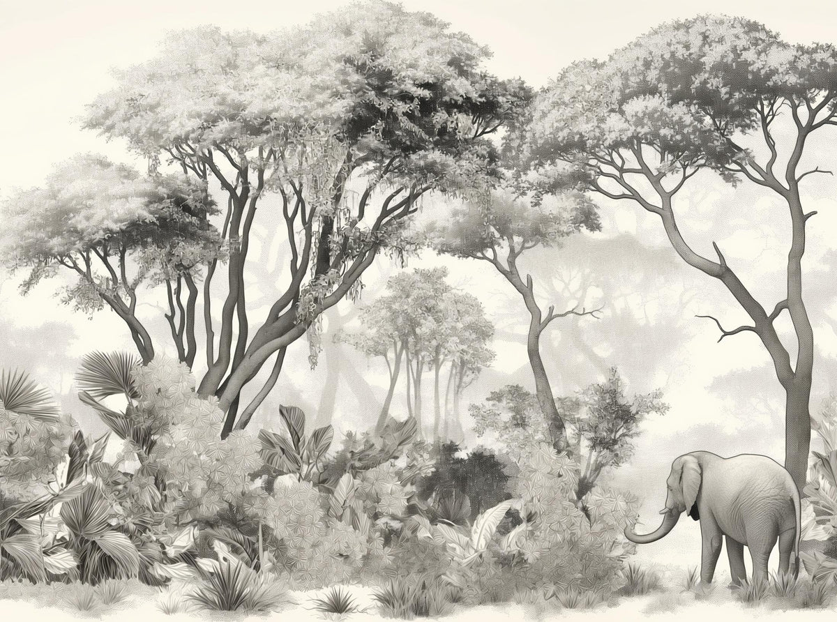 Papier peint éléphant forêt noir et blanc