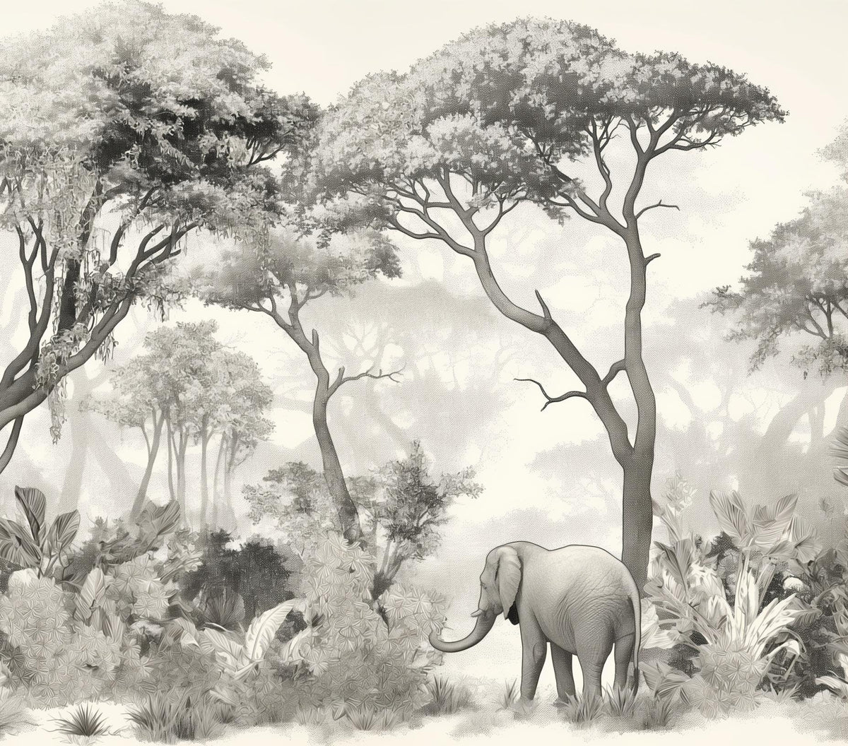 Papier peint éléphant forêt noir et blanc