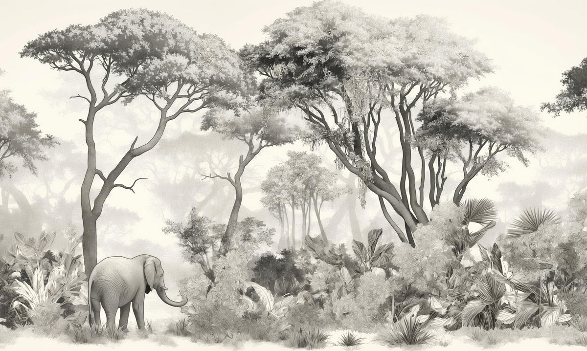 Papier peint éléphant forêt noir et blanc