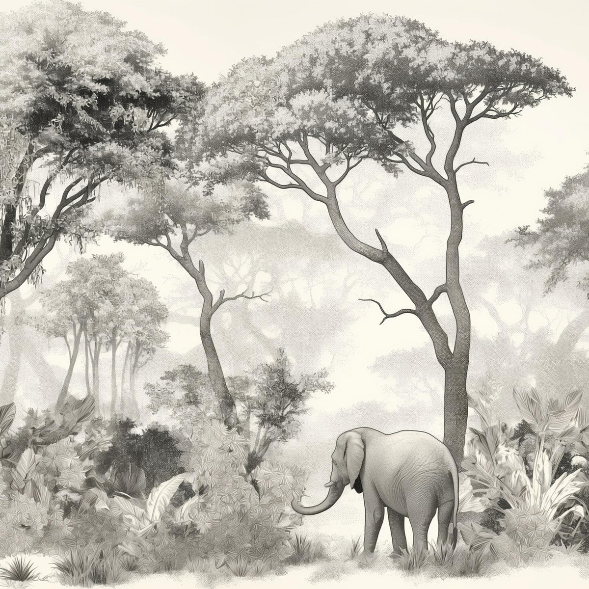 Papier peint éléphant forêt noir et blanc