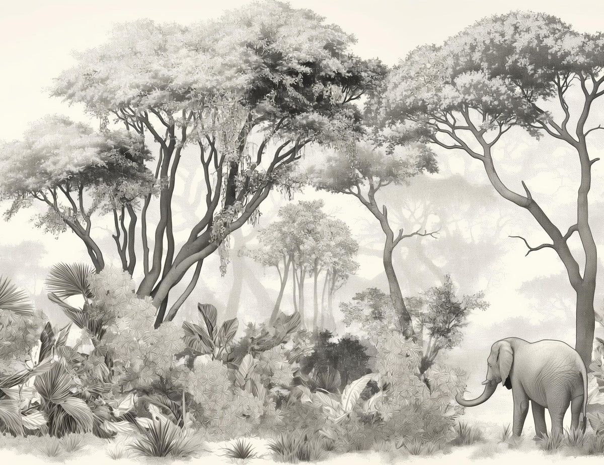 Papier peint éléphant forêt noir et blanc