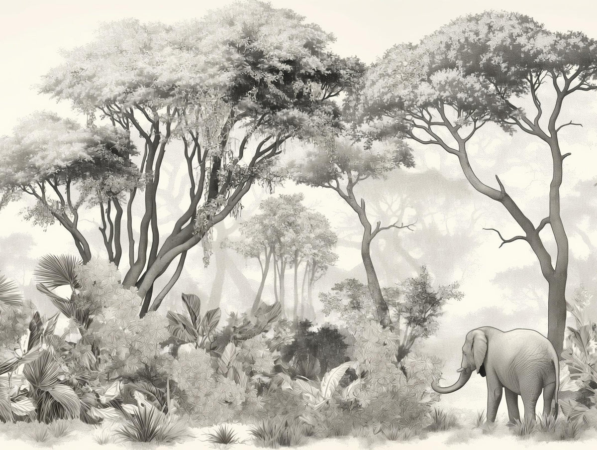 Papier peint éléphant forêt noir et blanc
