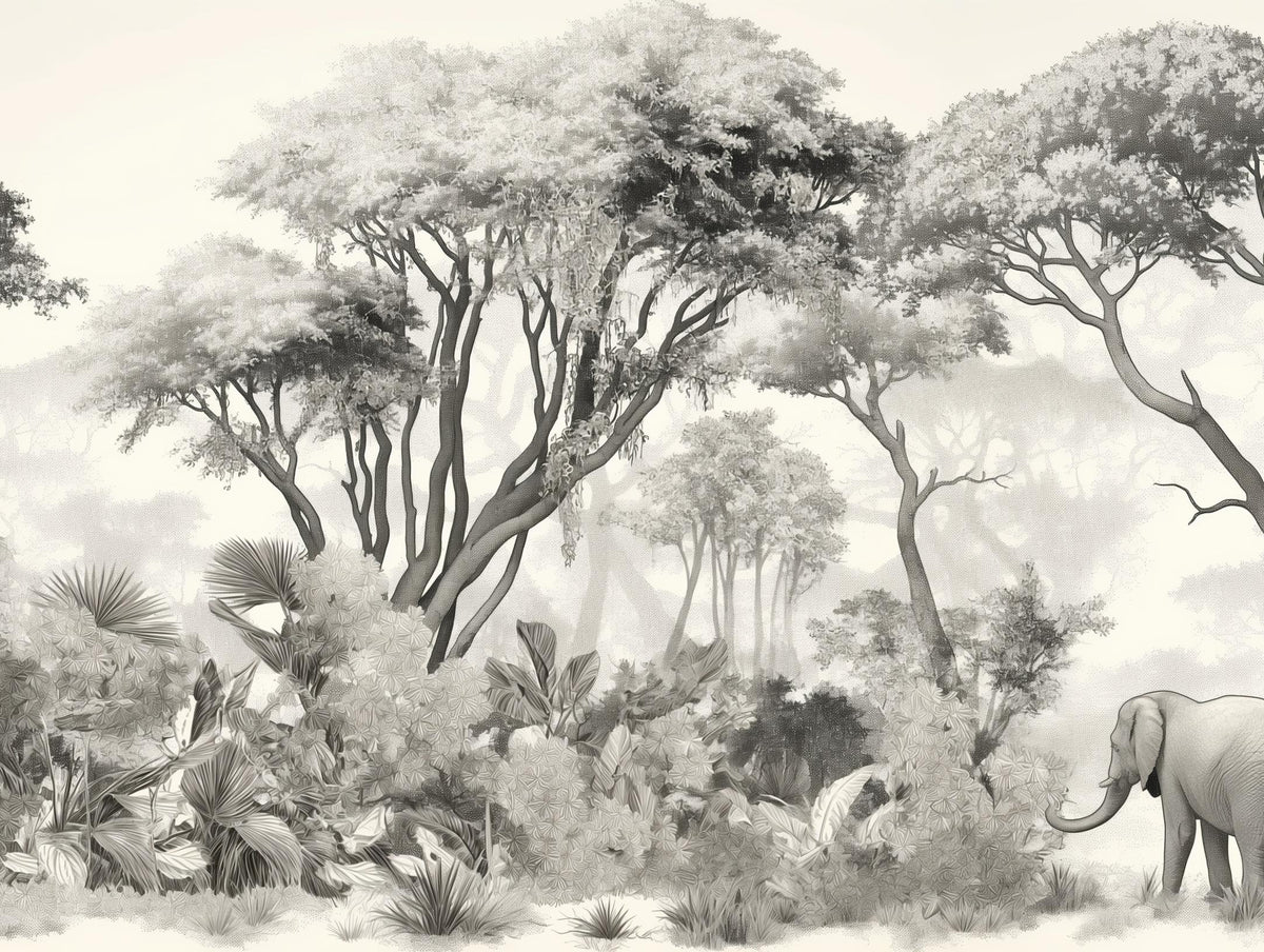 Papier peint éléphant forêt noir et blanc