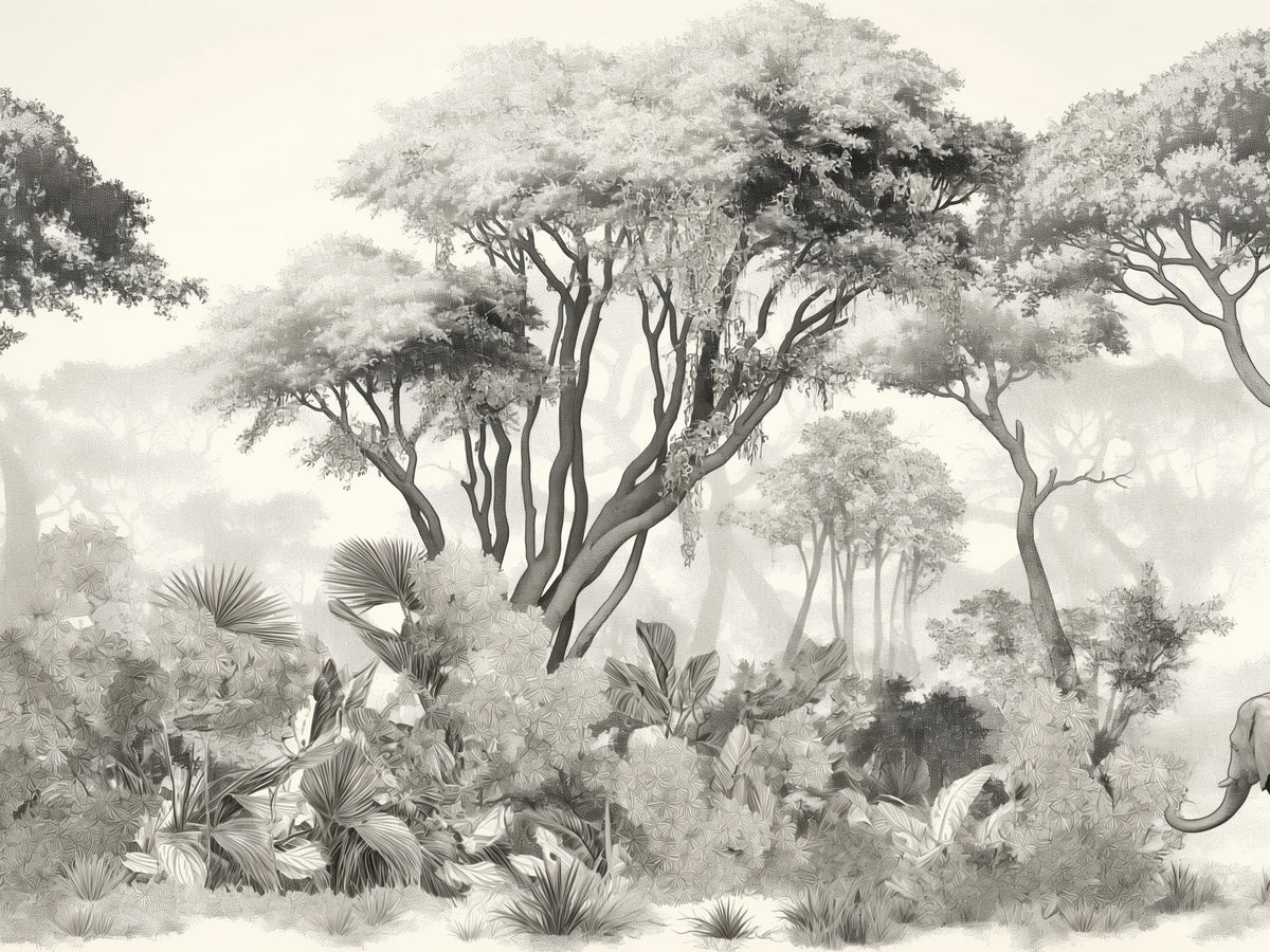Papier peint éléphant forêt noir et blanc