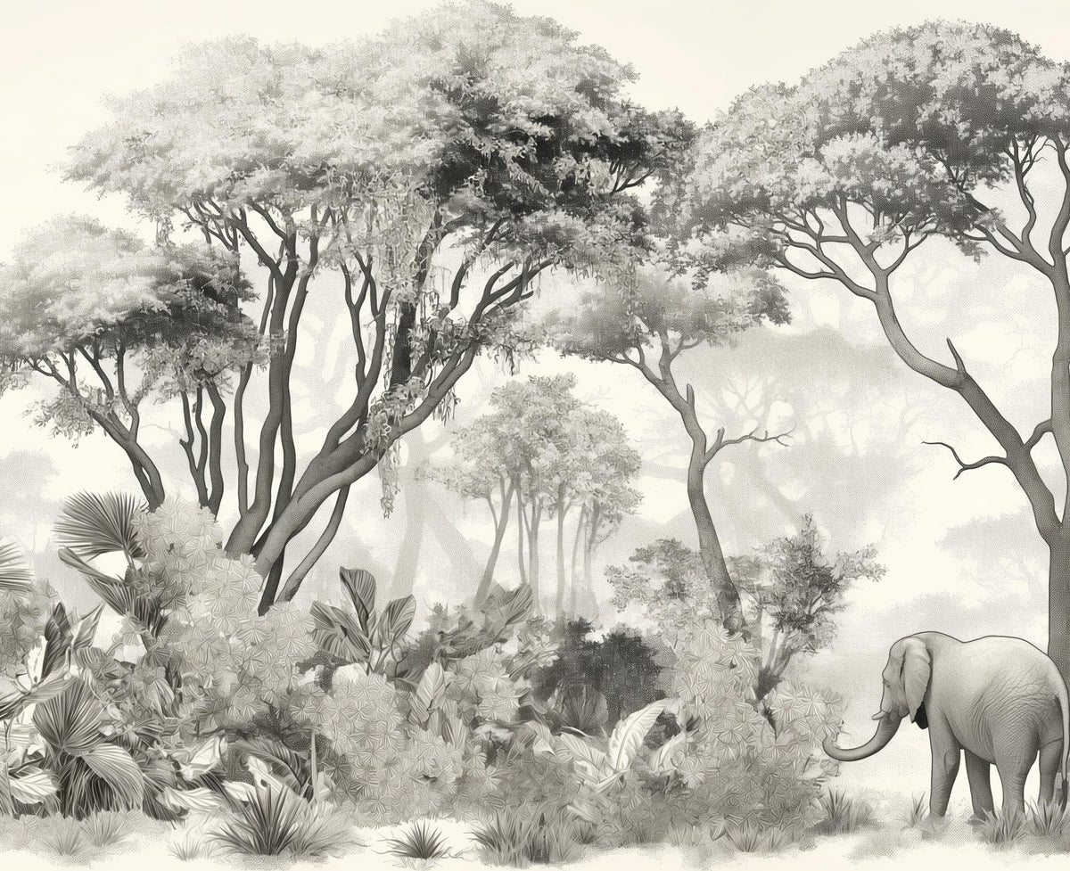 Papier peint éléphant forêt noir et blanc