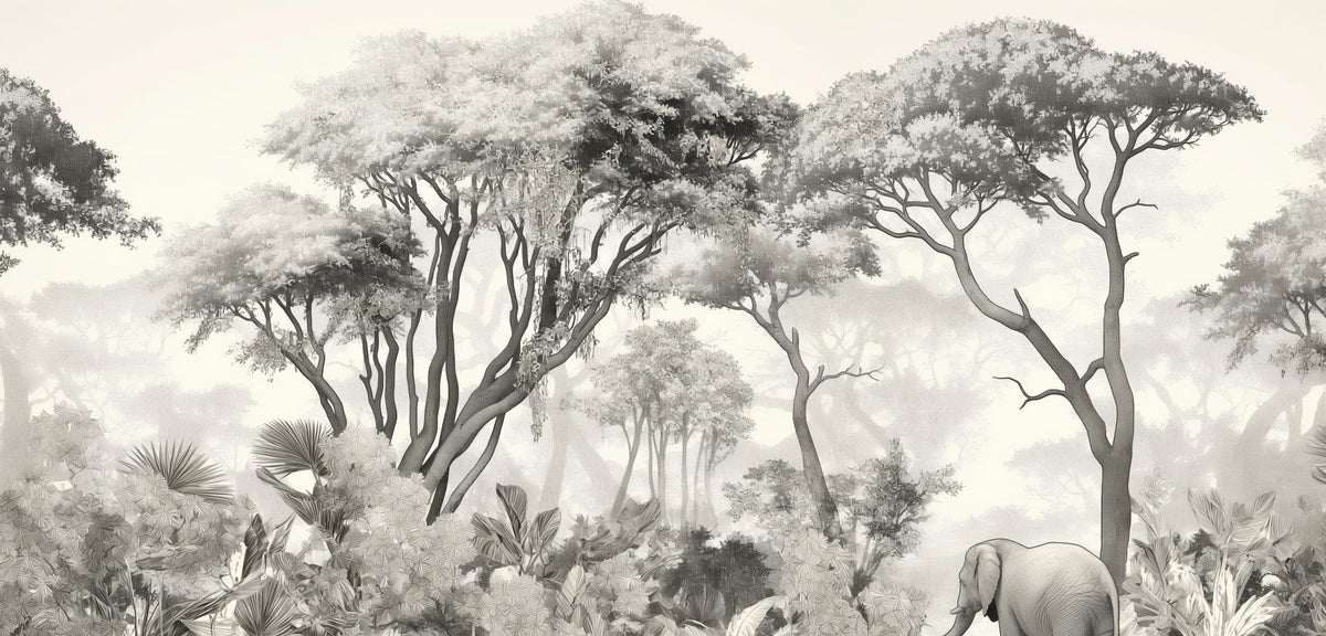 Papier peint éléphant forêt noir et blanc