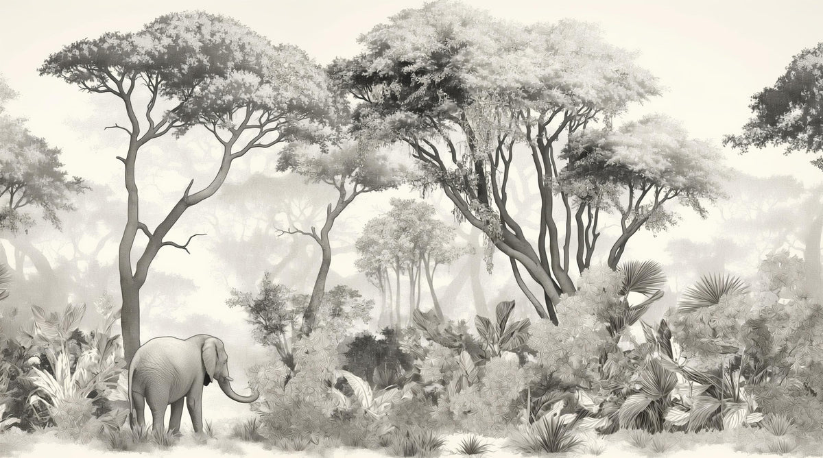 Papier peint éléphant forêt noir et blanc
