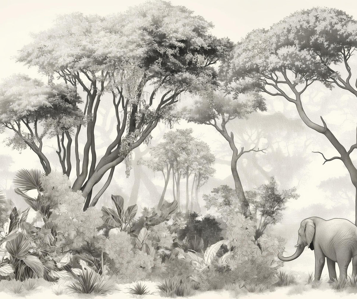 Papier peint éléphant forêt noir et blanc