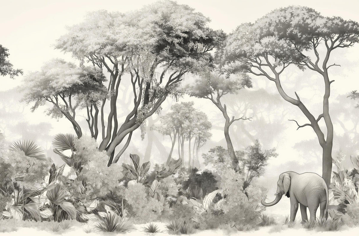 Papier peint éléphant forêt noir et blanc