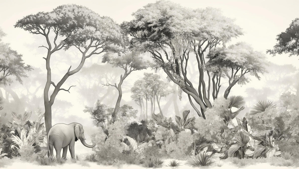 Papier peint éléphant forêt noir et blanc