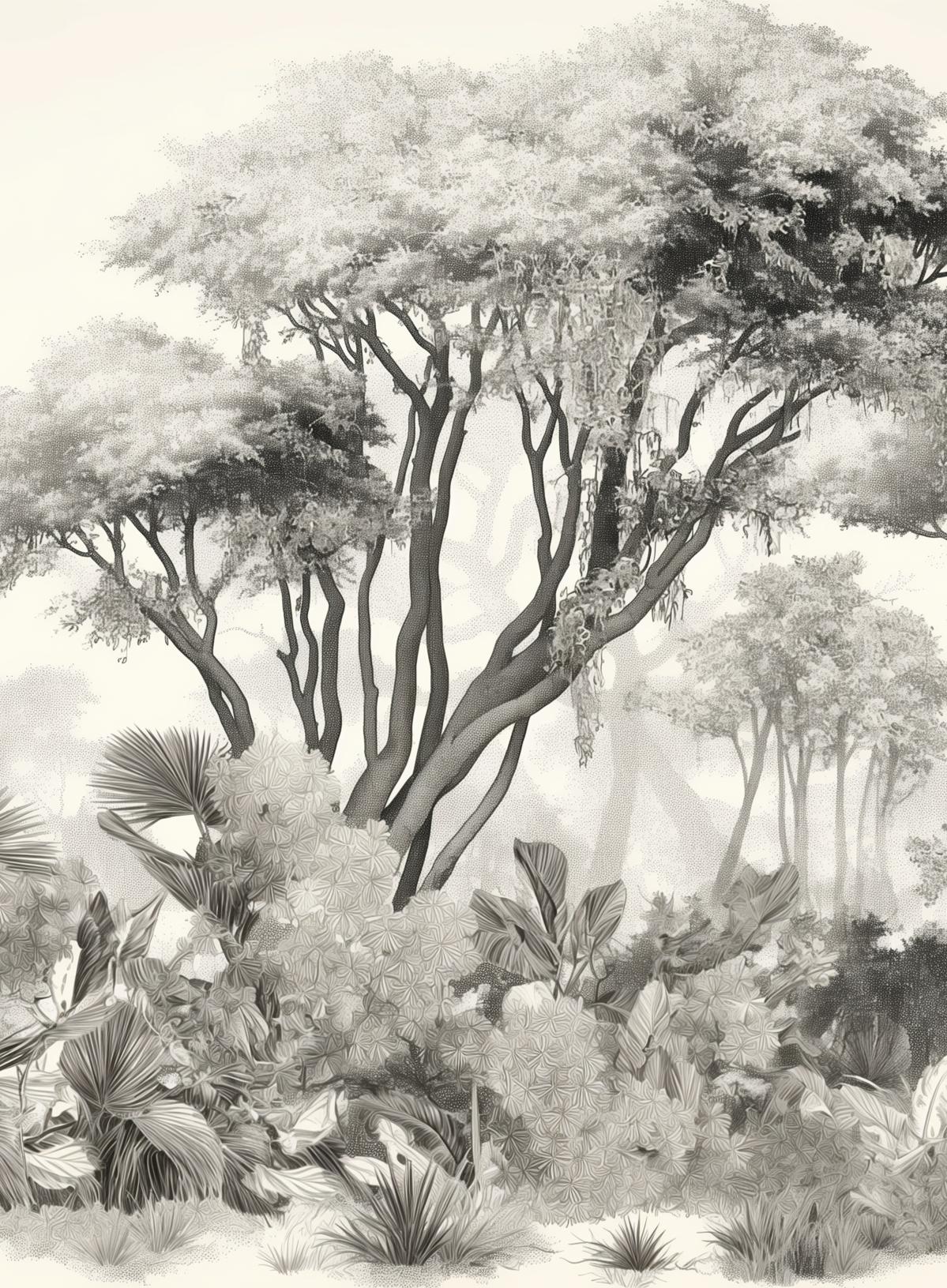 Papier peint éléphant forêt noir et blanc