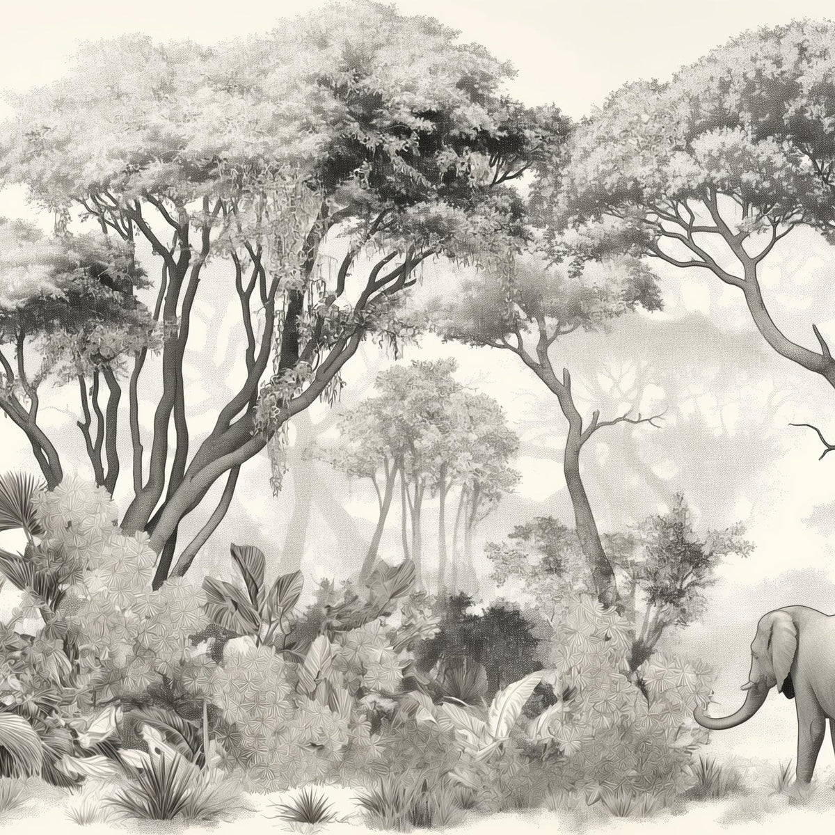 Papier peint éléphant forêt noir et blanc