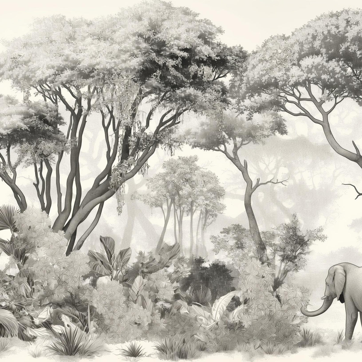 Papier peint éléphant forêt noir et blanc