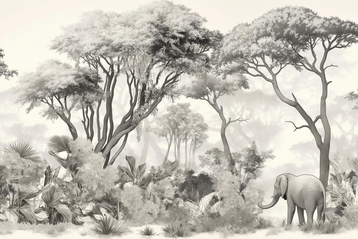 Papier peint éléphant forêt noir et blanc