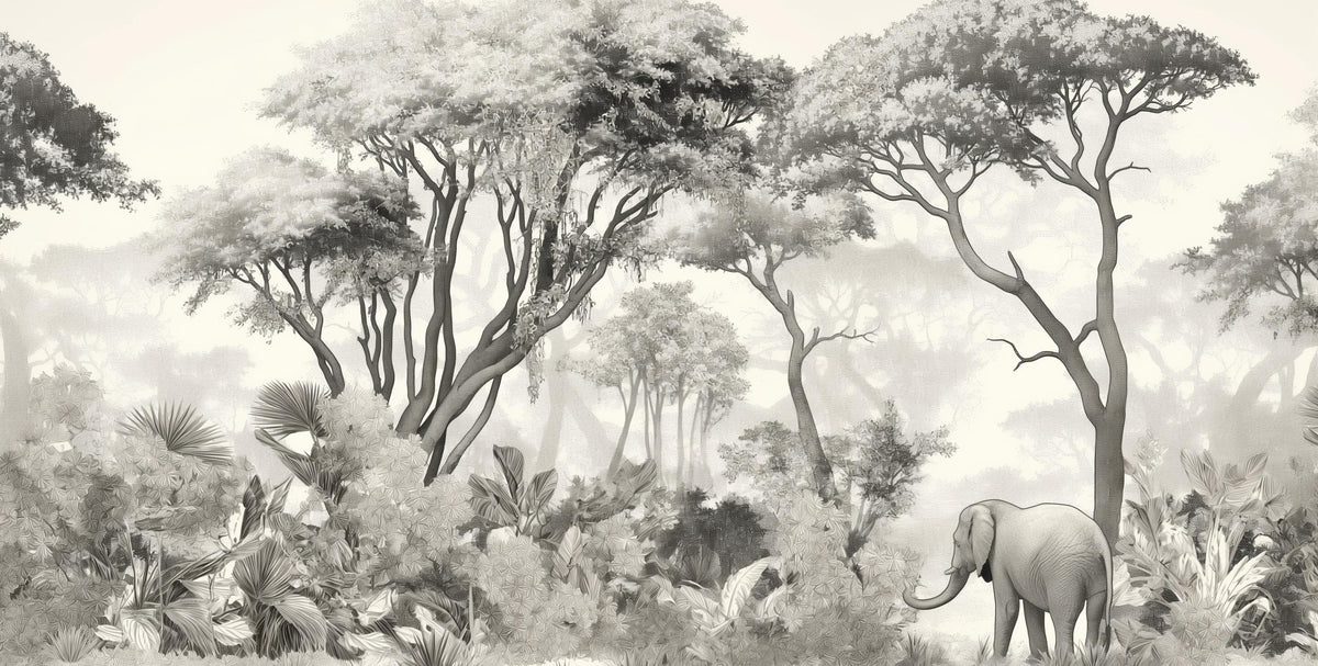 Papier peint éléphant forêt noir et blanc