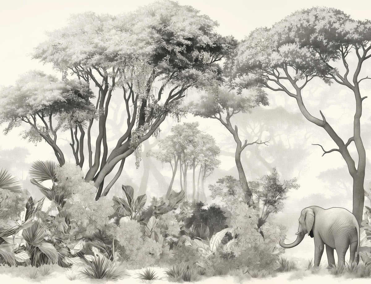 Papier peint éléphant forêt noir et blanc