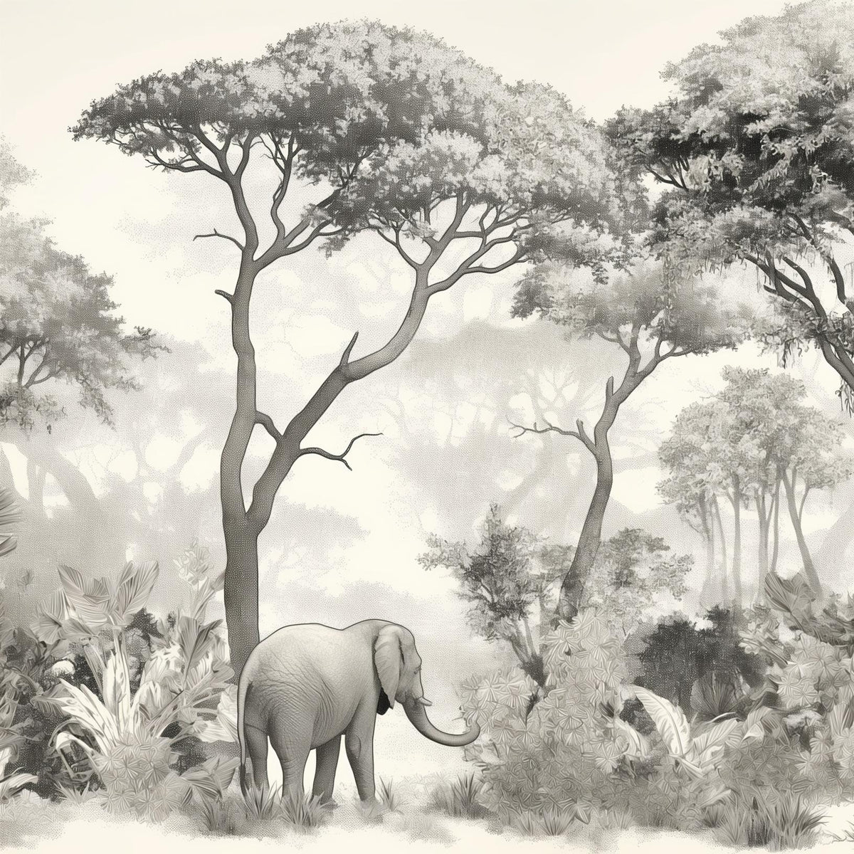Papier peint éléphant forêt noir et blanc