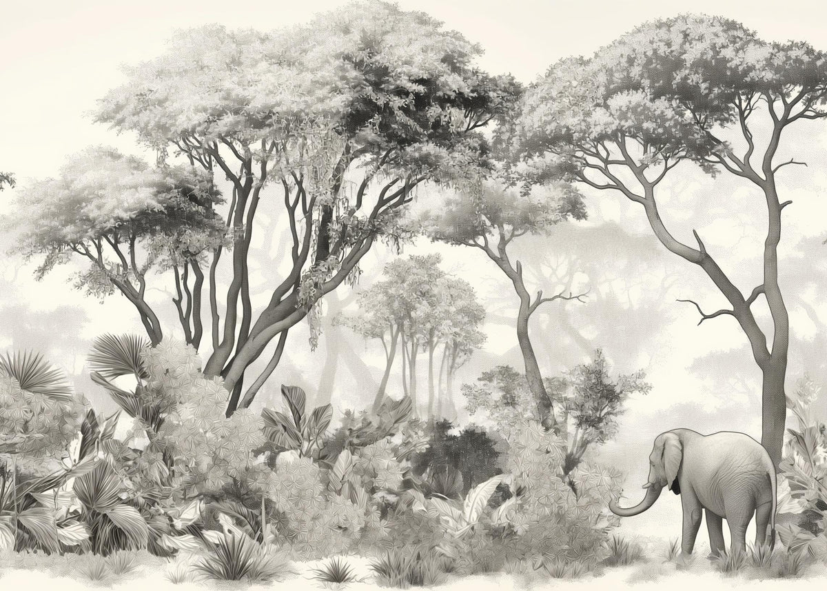 Papier peint éléphant forêt noir et blanc