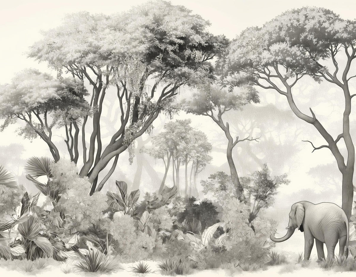 Papier peint éléphant forêt noir et blanc