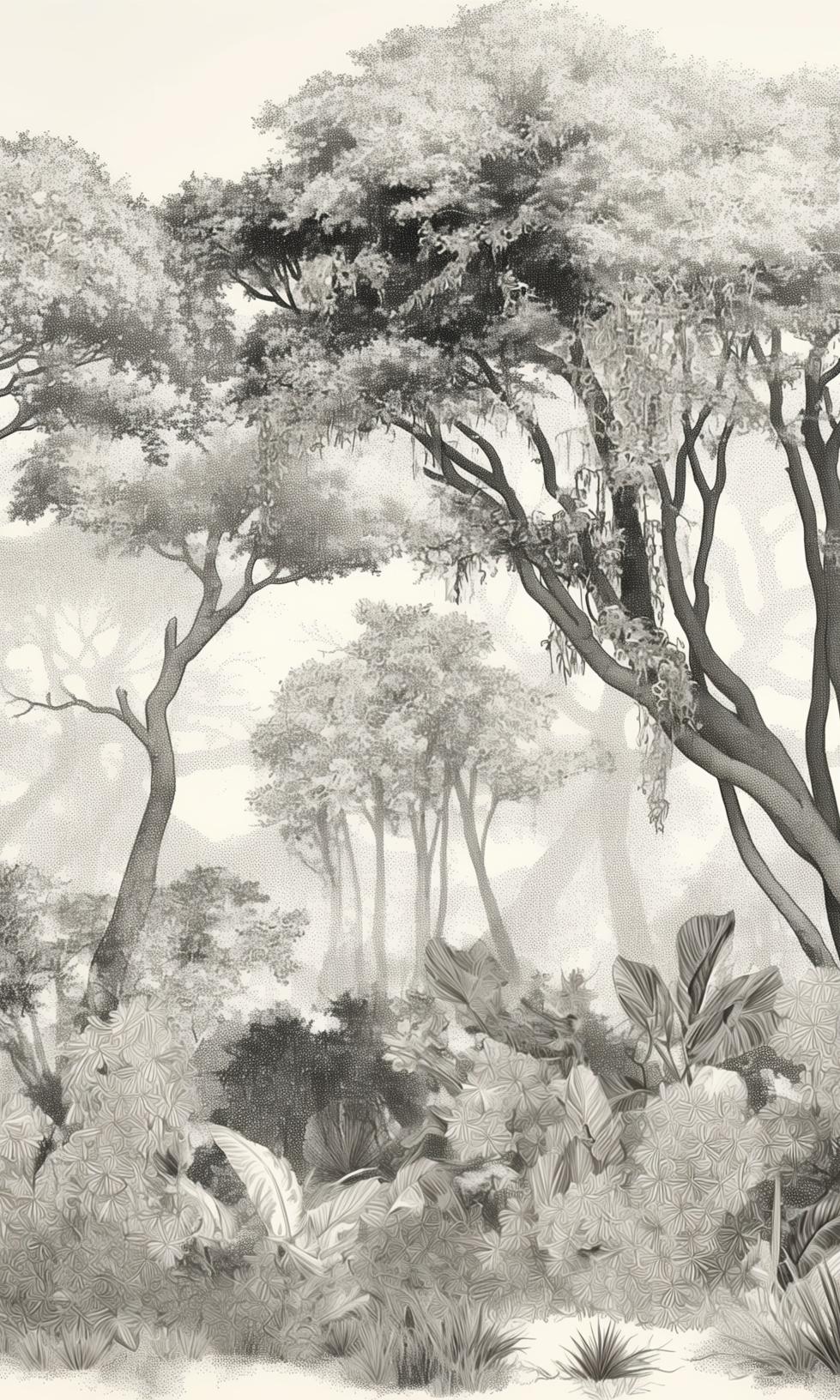 Papier peint éléphant forêt noir et blanc