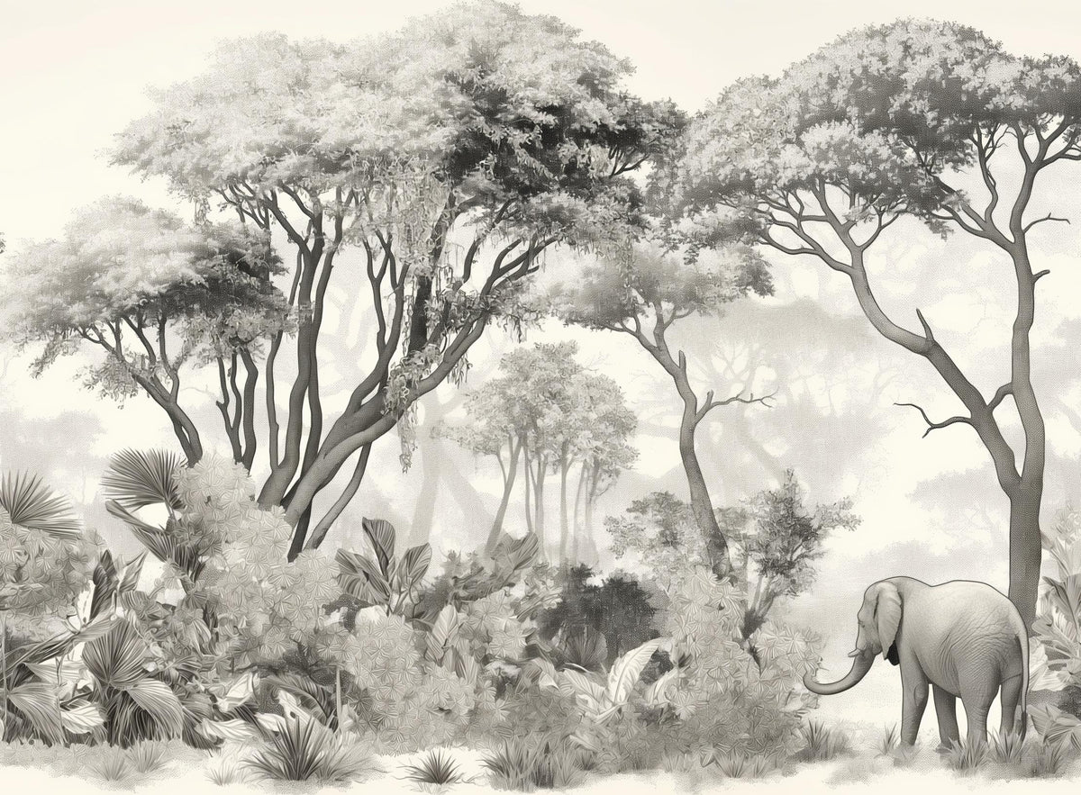 Papier peint éléphant forêt noir et blanc