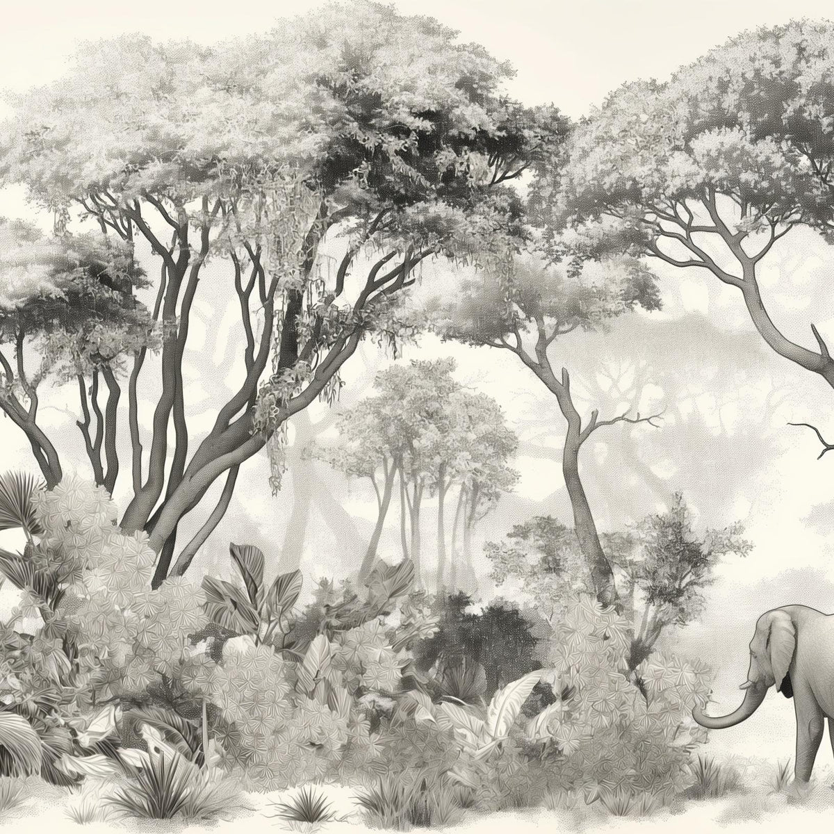 Papier peint éléphant forêt noir et blanc