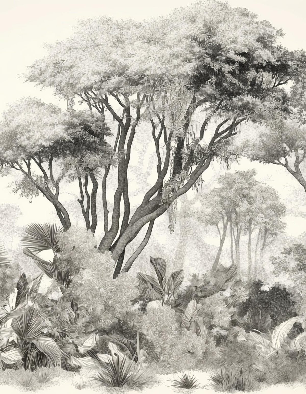 Papier peint éléphant forêt noir et blanc