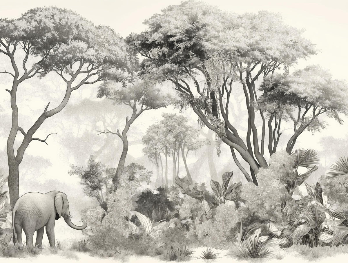 Papier peint éléphant forêt noir et blanc