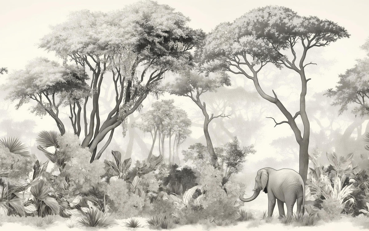 Papier peint éléphant forêt noir et blanc