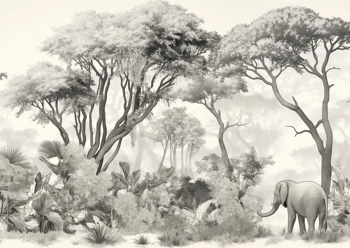 Papier peint éléphant forêt noir et blanc