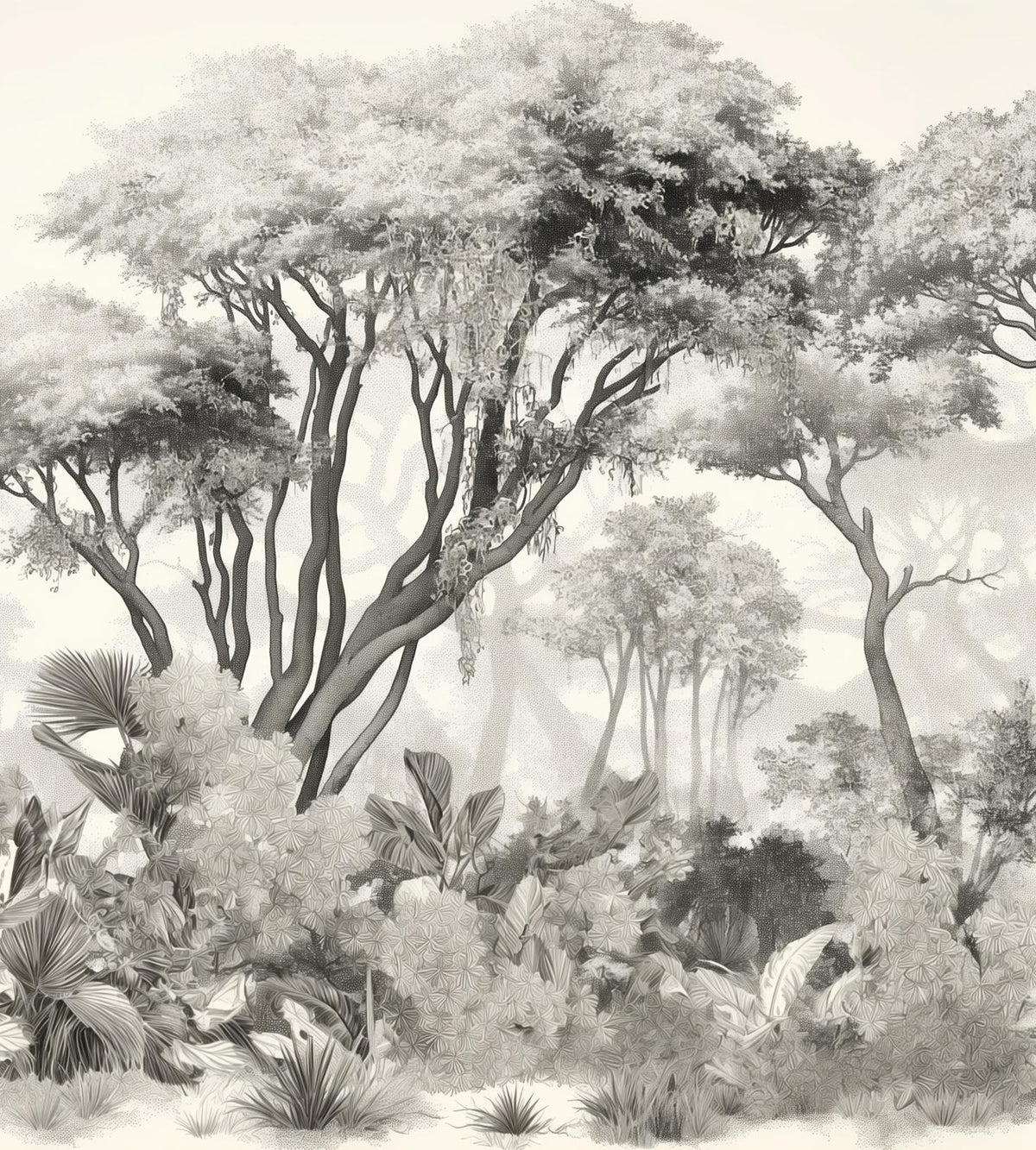 Papier peint éléphant forêt noir et blanc