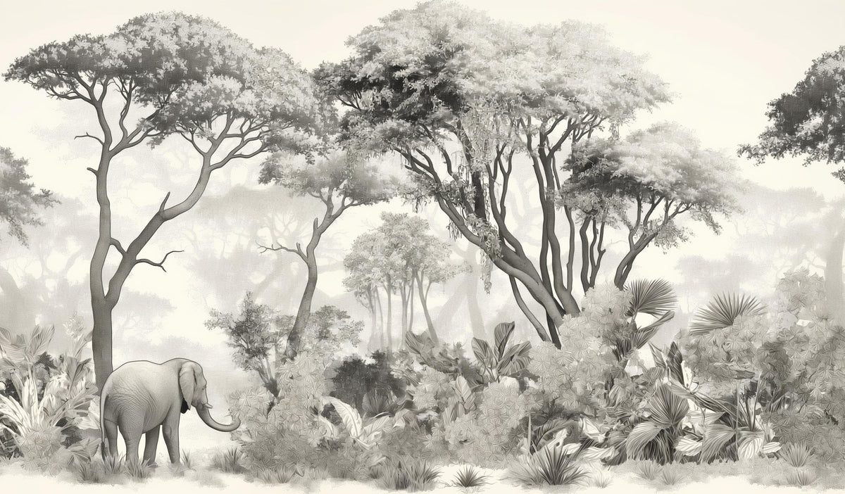 Papier peint éléphant forêt noir et blanc