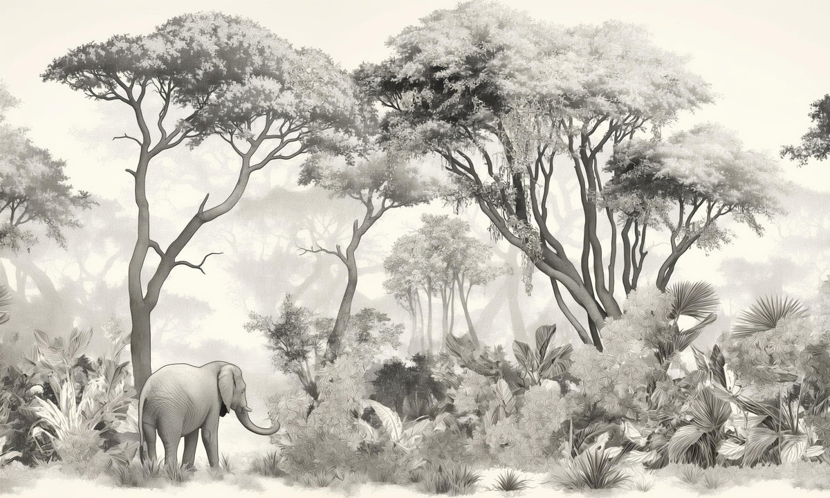Papier peint éléphant forêt noir et blanc
