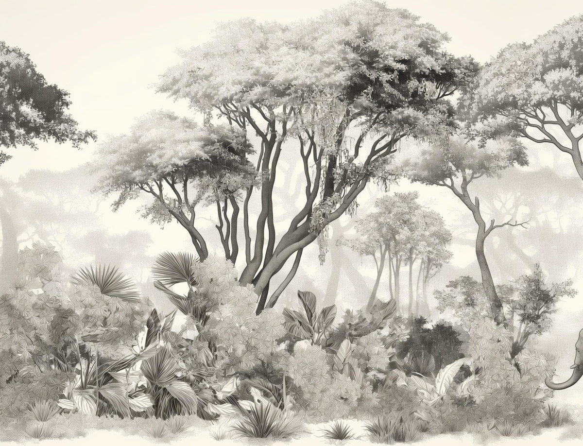 Papier peint éléphant forêt noir et blanc