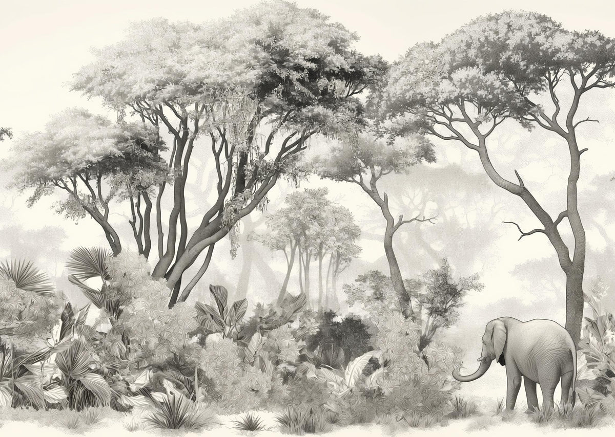 Papier peint éléphant forêt noir et blanc