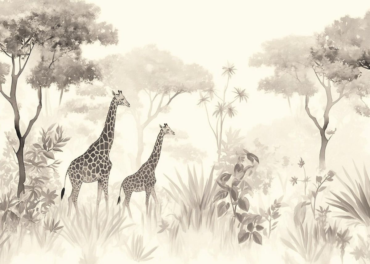 Papier peint girafe savane noir et blanc