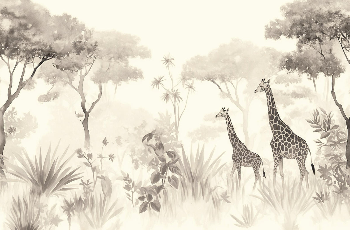 Papier peint girafe savane noir et blanc