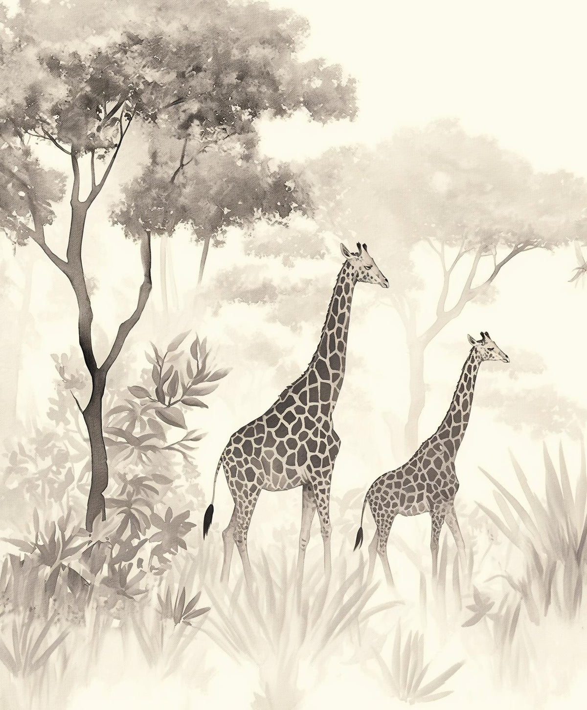 Papier peint girafe savane noir et blanc
