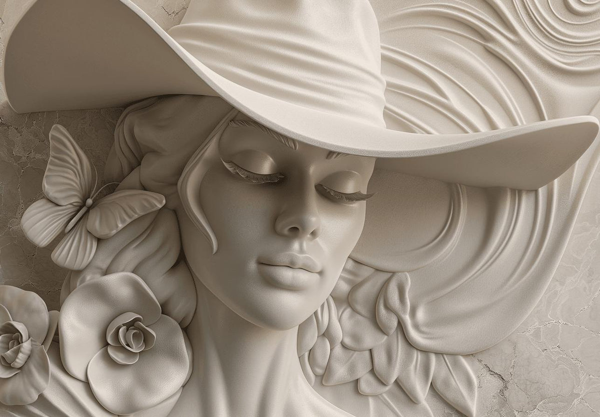 Papier peint trompe-l'œil sculpture femme au chapeau