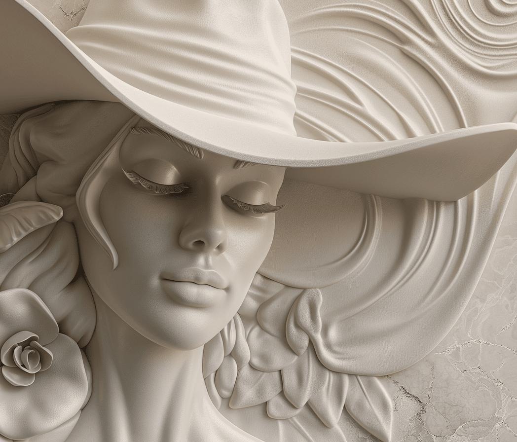 Papier peint trompe-l'œil sculpture femme au chapeau