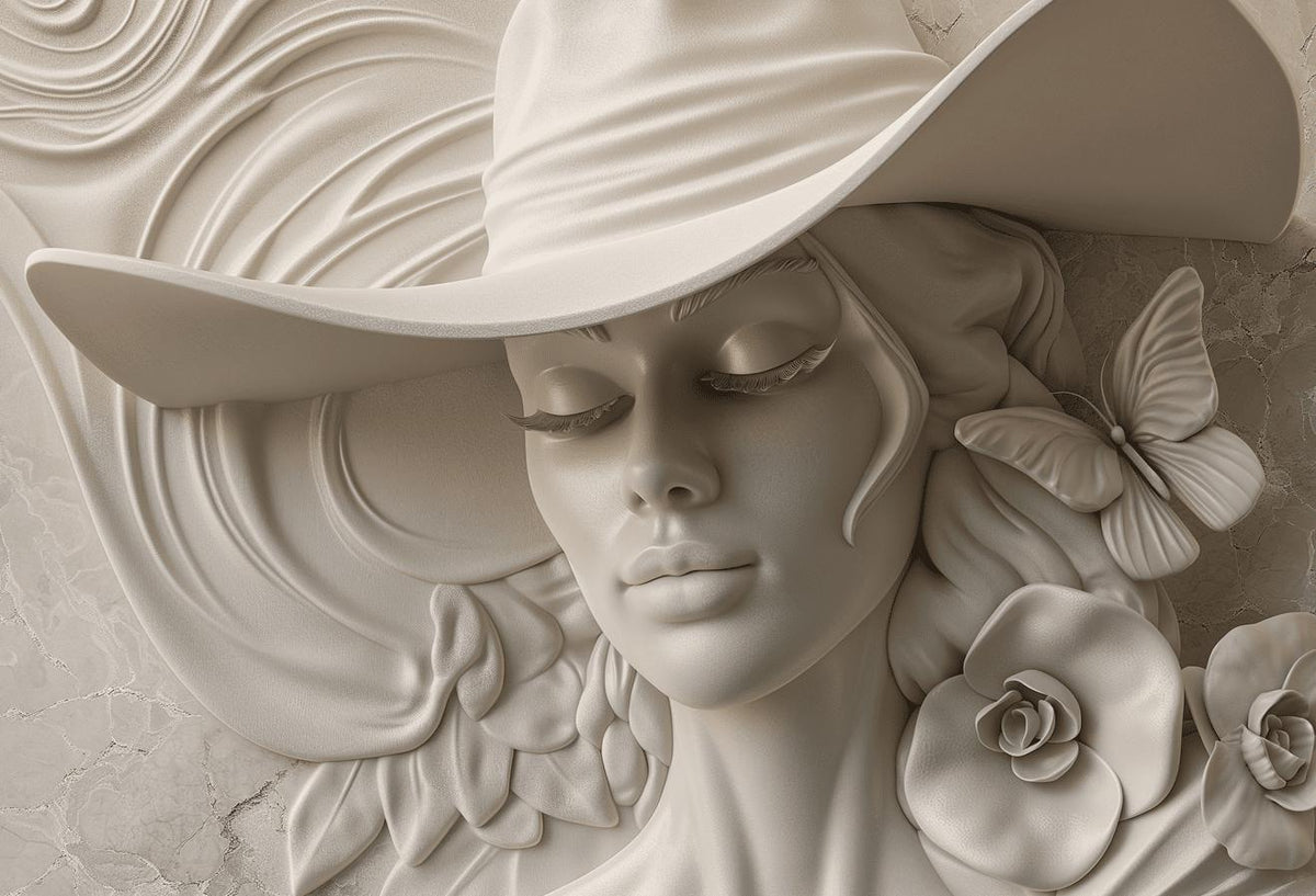 Papier peint trompe-l'œil sculpture femme au chapeau
