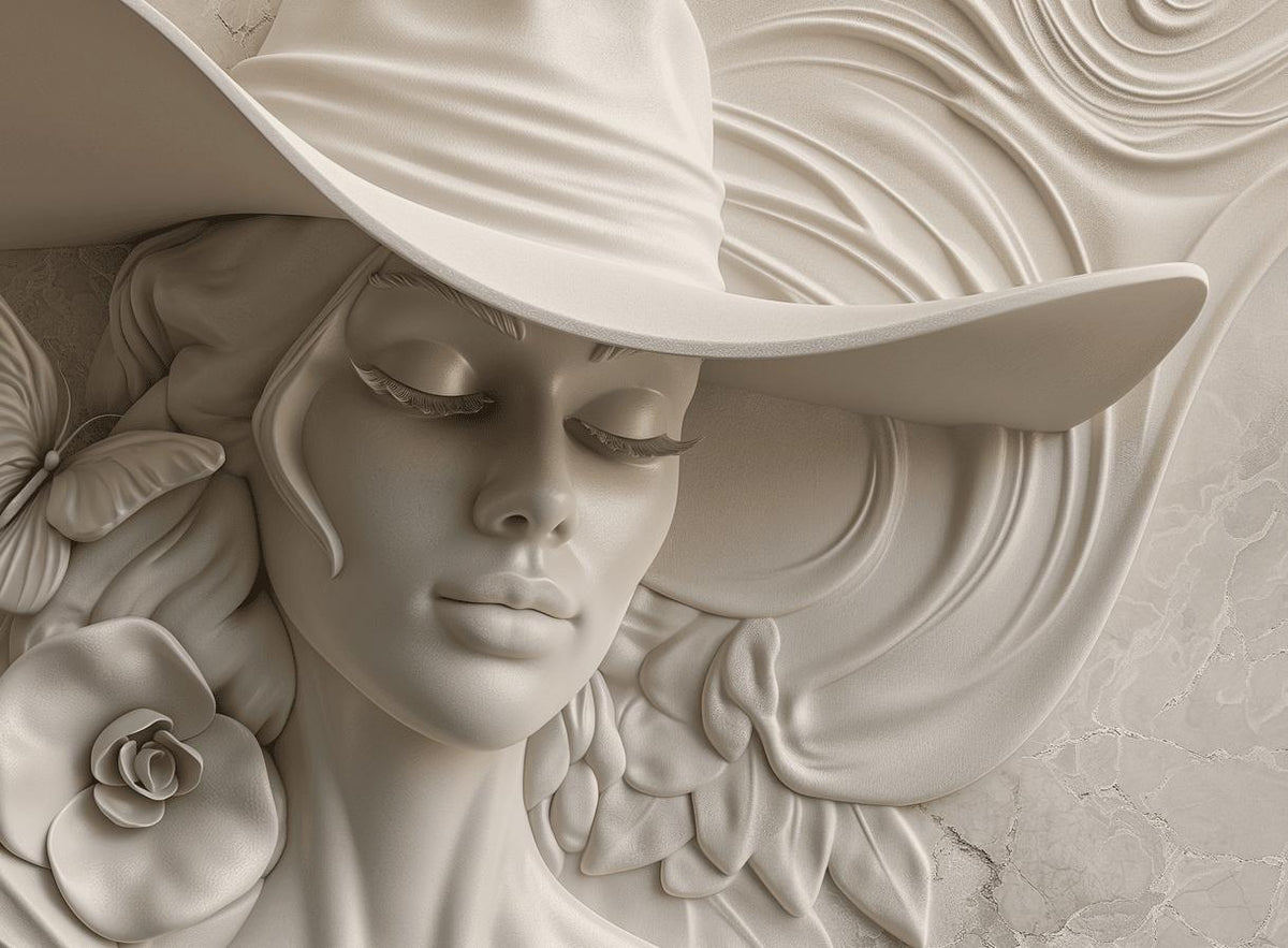 Papier peint trompe-l'œil sculpture femme au chapeau
