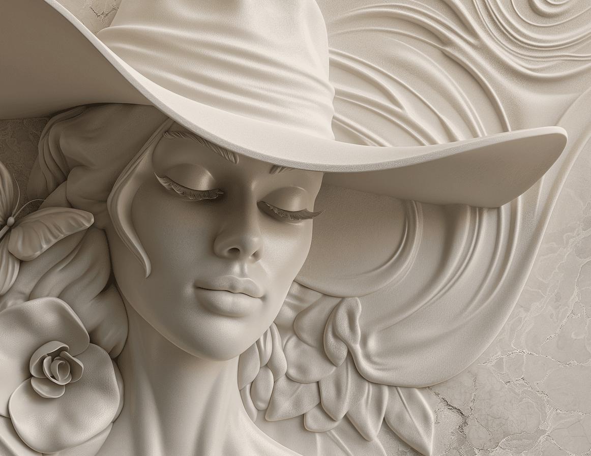 Papier peint trompe-l'œil sculpture femme au chapeau