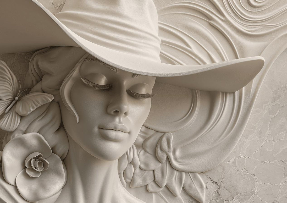 Papier peint trompe-l'œil sculpture femme au chapeau