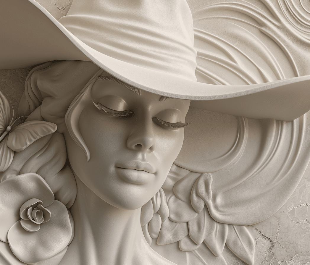 Papier peint trompe-l'œil sculpture femme au chapeau